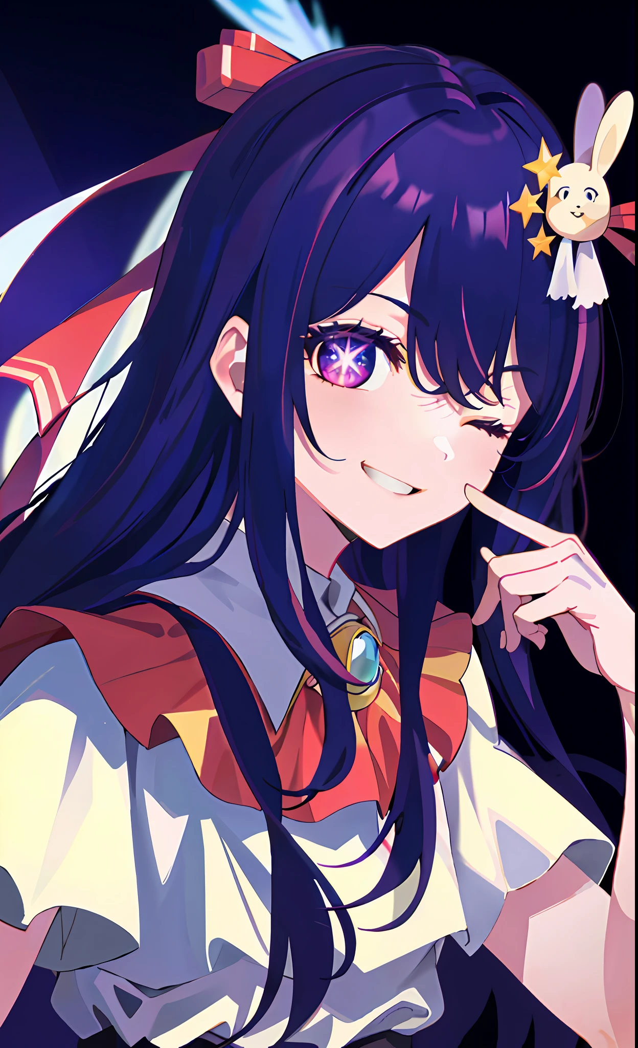 (best quality:1.4, masterpiece, 4k, details), Hoshino Ai, long hair, purple hair, streaked hair ,purple eyes, star-shaped pupils, hair ornament, on stage, smile, right hand pointing at camera, one eye closed, holding a mic with the left hand,close up shot, extremely detailed eyes, glowing eyes, highest quality digital art, Stunning art, wallpaper 4k