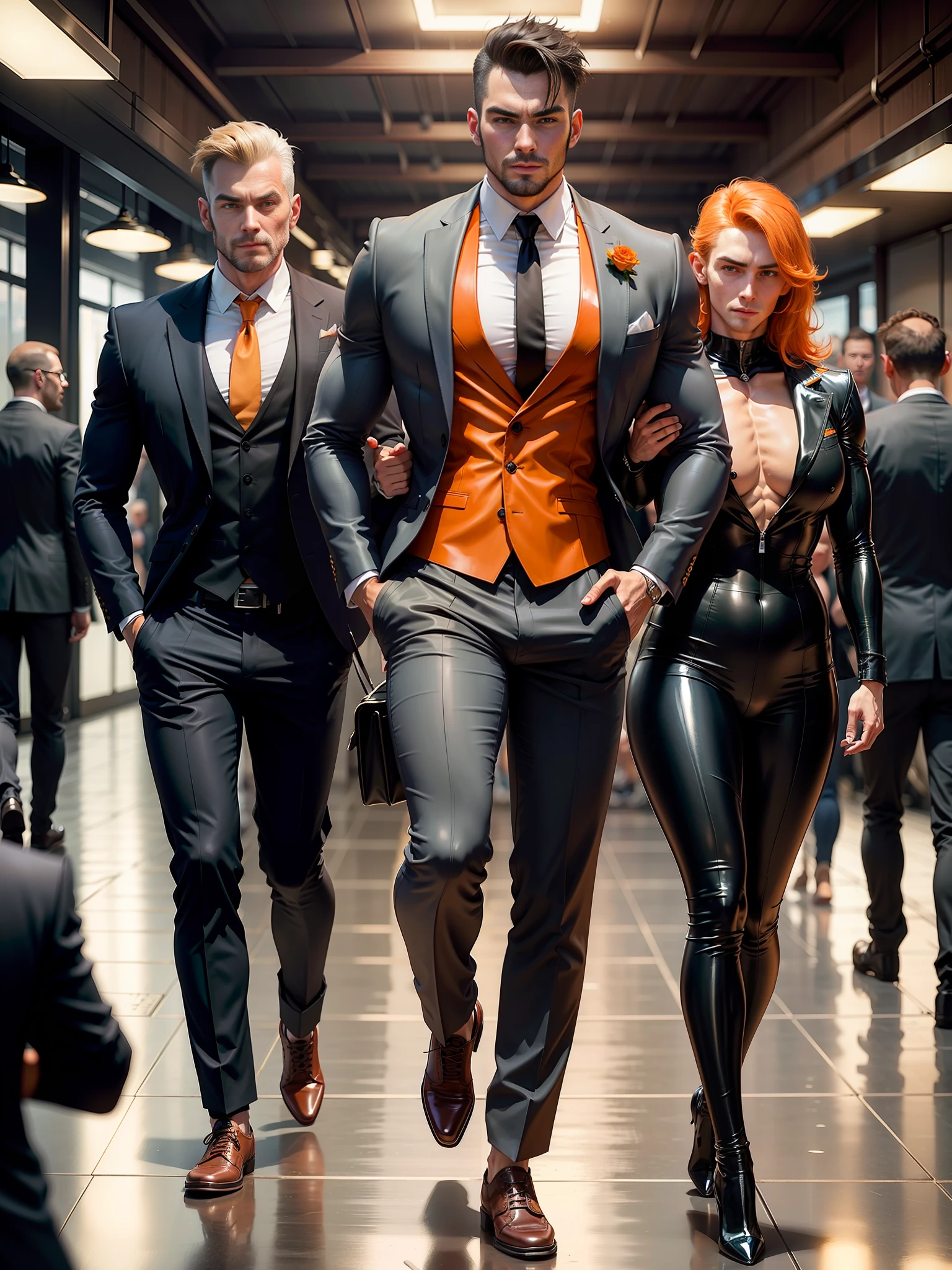 There are two men and a woman dressed in suits walking down a hallway -  SeaArt AI