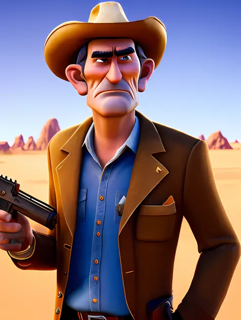 A man in a cowboy hat holding a gun, pixar artstyle, sad eyebrows, cinematic rim light, very long neck, old bounty hanter, very high quality face, desert game, American desert background, exploitable image, face neck shoulders, tall farmer, stylized dynami...