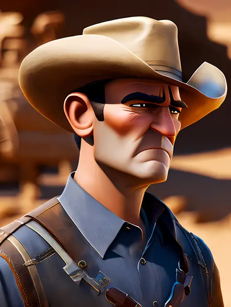 A man in a cowboy hat holding a gun, pixar artstyle, sad eyebrows, cinematic rim light, very long neck, old bounty hanter, very high quality face, desert game, American desert background, exploitable image, face neck shoulders, tall farmer, stylized dynami...