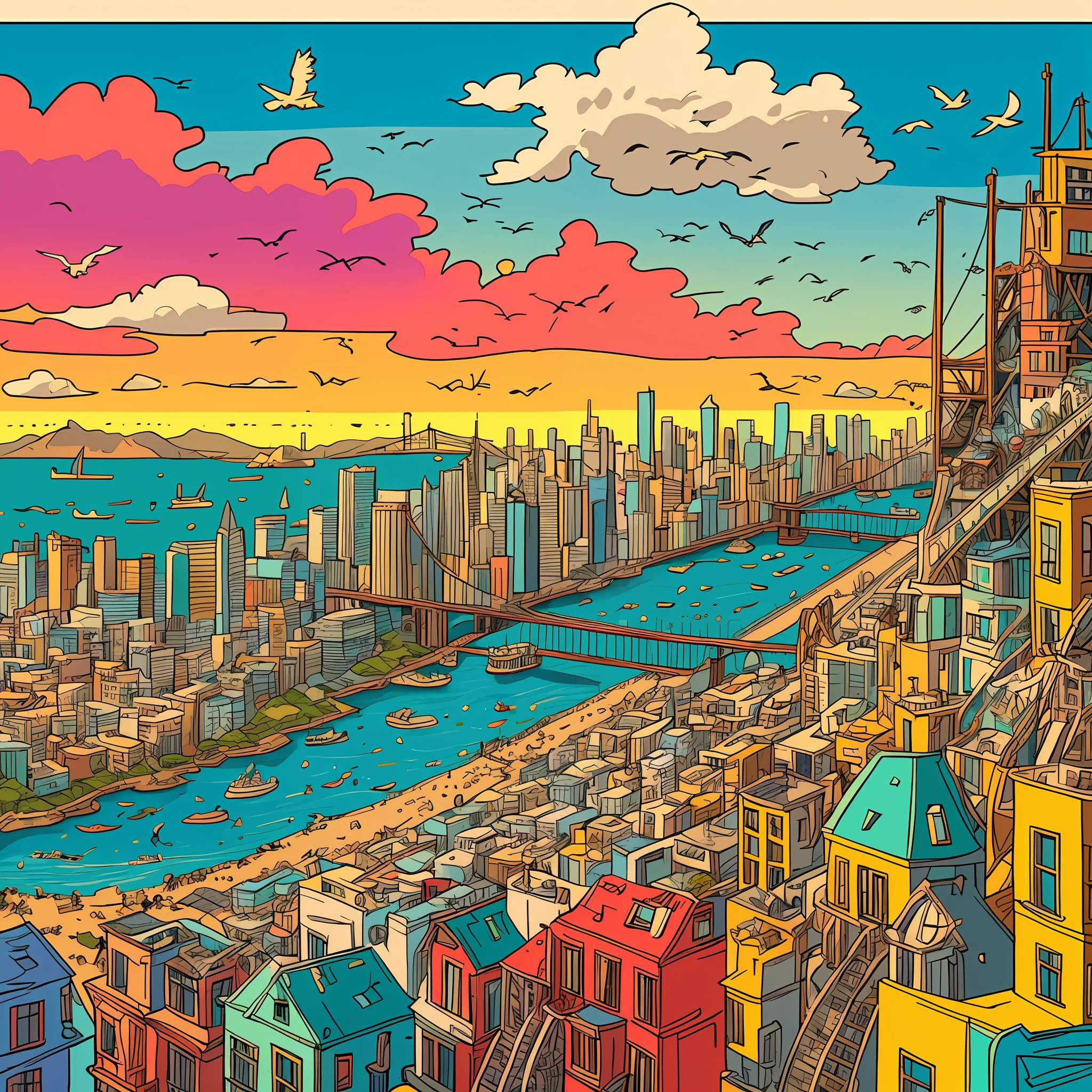 Maximalist chaotic San Francisco, bird's eye view, Herg illustration, tin cartoon style, pen and ink, drawn picture, from afar, the whole city, sunset and birds, bigger, whole city, drawn, sky is beautiful, sea, sky to ocean ratio half the distance, beautiful bridge can be seen in the distance