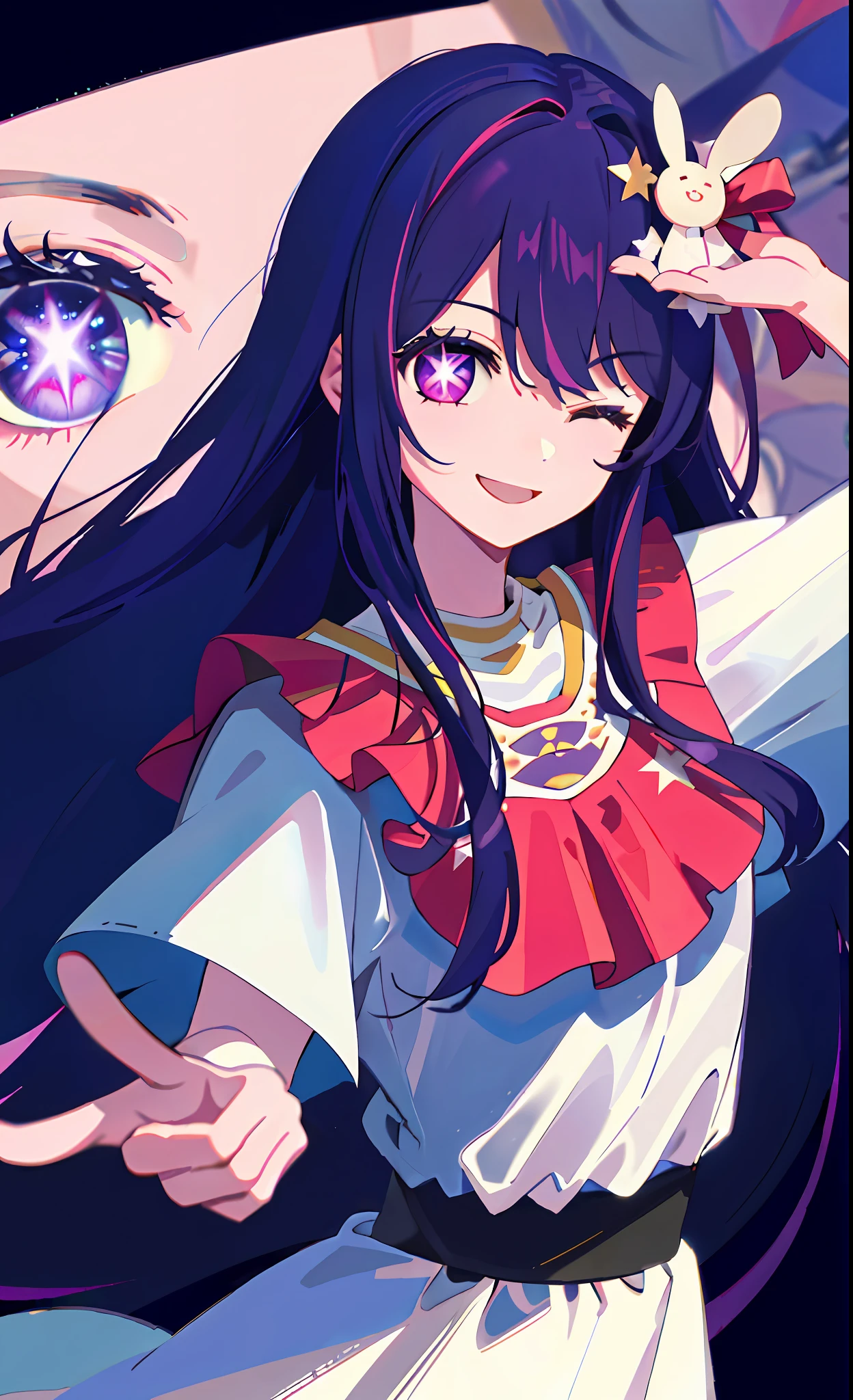 (best quality:1.4, masterpiece, 4k, details), Hoshino Ai, long hair, purple hair, streaked hair ,purple eyes, star-shaped pupils, hair ornament, on stage, smile, right hand pointing at camera, one eye closed, holding a mic with the left hand,close up shot, extremely detailed eyes, glowing eyes, highest quality digital art, Stunning art, wallpaper 4k