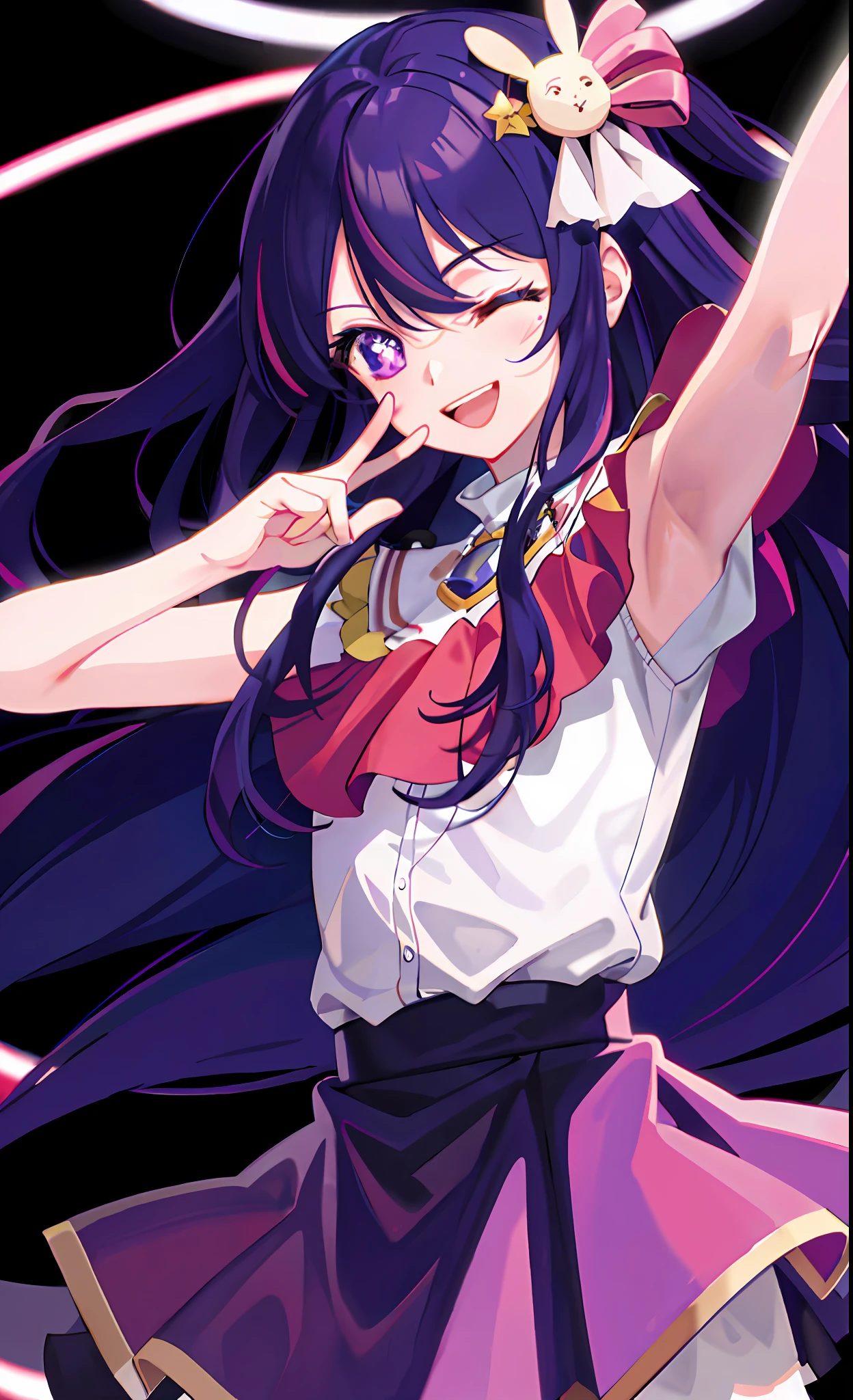 (best quality:1.4, masterpiece, 4k, details), Hoshino Ai, long hair, purple hair, streaked hair ,purple eyes, star-shaped pupils, hair ornament, on stage, smile, right hand pointing at camera, one eye closed, holding a mic with the left hand,close up shot, extremely detailed eyes, glowing eyes, highest quality digital art, Stunning art, wallpaper 4k