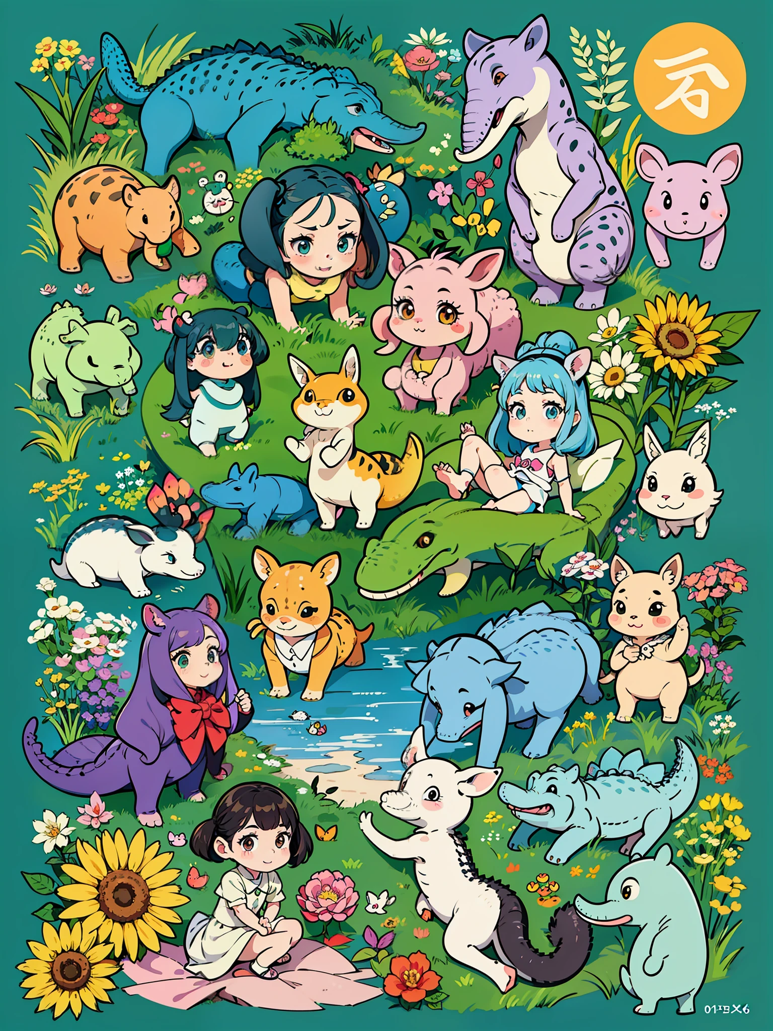 There are many different cute cartoon animals, elephants, crocodiles, rabbits and other animal patterns in this photo, cute, hand drawn illustrations, colorful, Wang Chen, crocodile Loki, art cover, ƒ5.6,🦩🪐🐞👩🏻🦳; 🌞🌄 , code, 🪔 🎨 metaverse