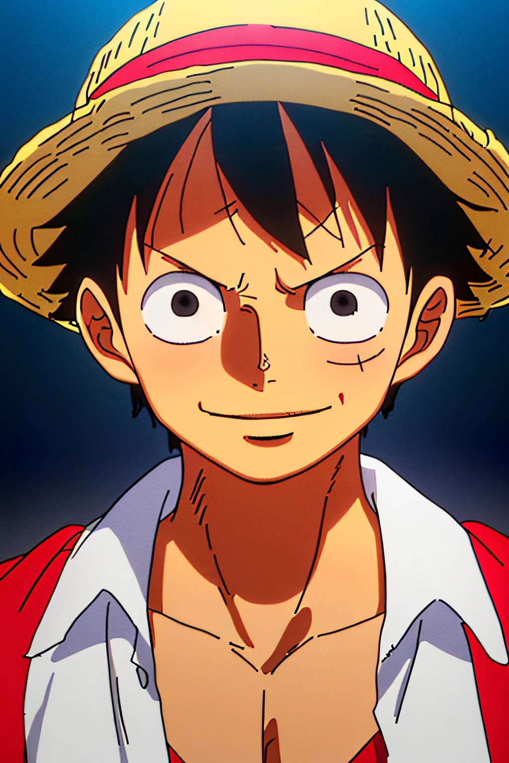 1boy, wanostyle, monkey d luffy, smiling, straw hat, looking at viewer, solo, upper body, ((masterpiece)), (best quality), (extremely detailed), depth of field, sketch, dark intensive shadows , sharp focus quality, soft lighting, HDR, colorful, good composition, fire all around, spectacular, closed shirt, anime screenshot, scar under the eyes, ready to fight, black eyes, seaside in the background