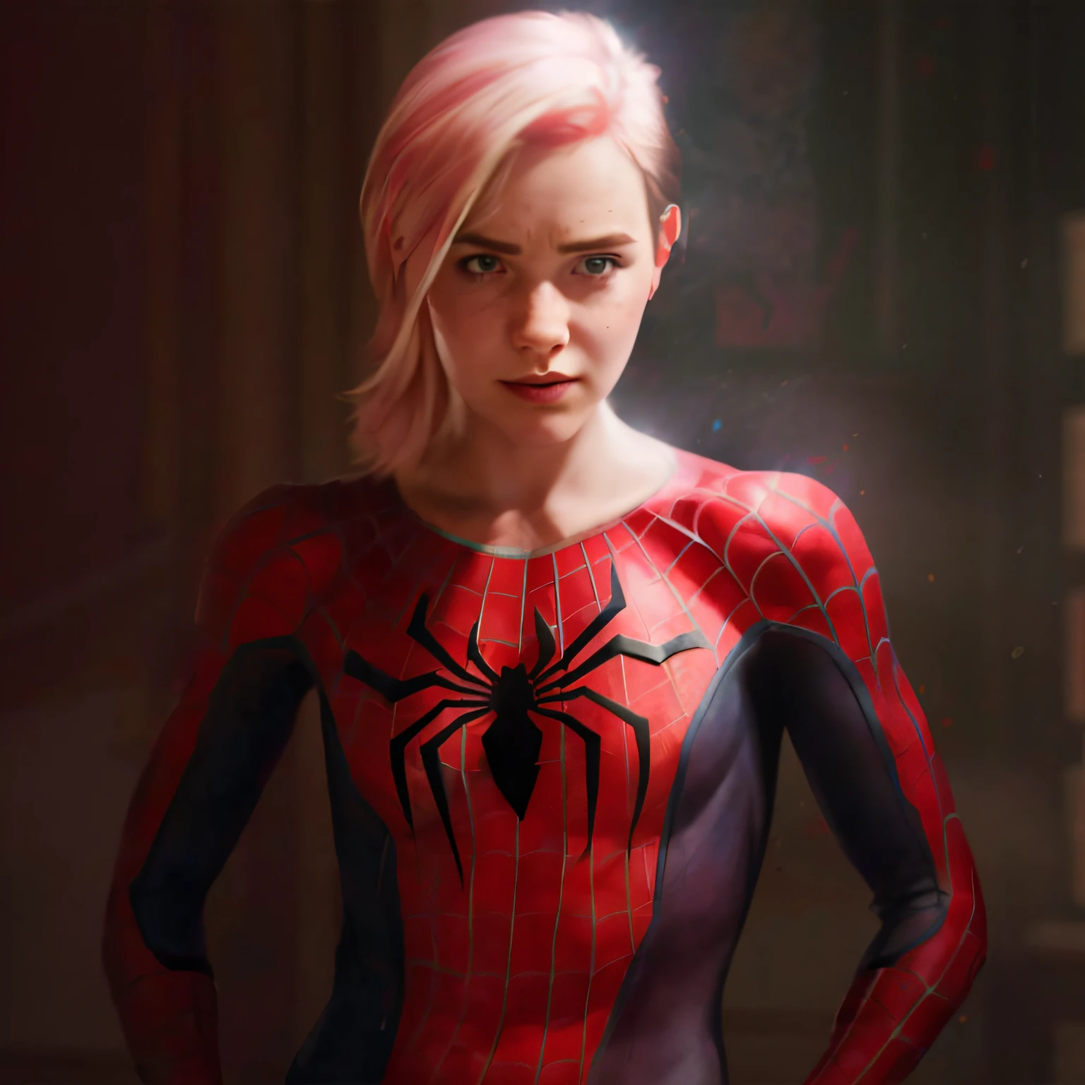 A woman in a spider - man suit standing in a room - SeaArt AI