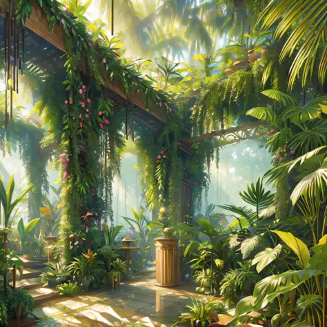 Detailed and intricate realistic scenes of dense jungles full of exotic plants and animals, sunlight filtering through the canopy to create a dappled effect. Style, masterpieces, proportions, details, art station trends, beautiful lighting, realistic, intr...