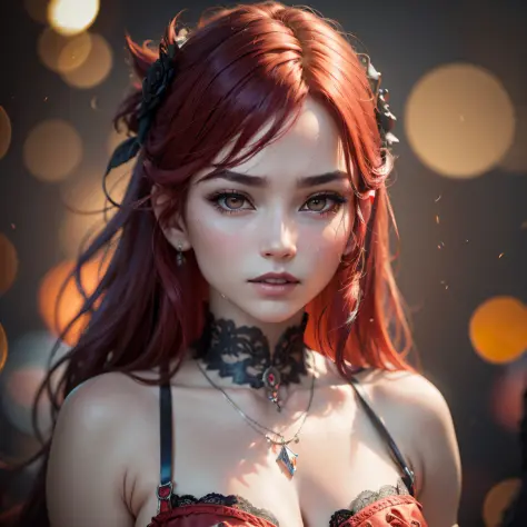vampire, best quality, masterpiece, highres, 1girl,china dress,red hair, hair ornament,necklace, jewelry,Beautiful face,upon_body, tyndall effect,photorealistic, dark studio, rim lighting, two tone lighting,(high detailed skin:1.2), 8k uhd, dslr, soft ligh...