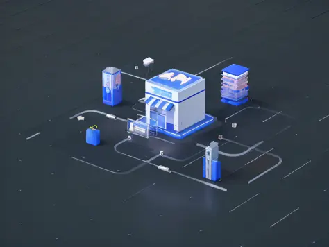 there is a blue and white gas station with a lot of blue containers, 3d marketplace, high detailed store, depicted as a 3 d render, stylized 3d render, 3 d render stylized, in style of 3d render, prerendered isometric graphics, hyper detailed 3d render, hy...