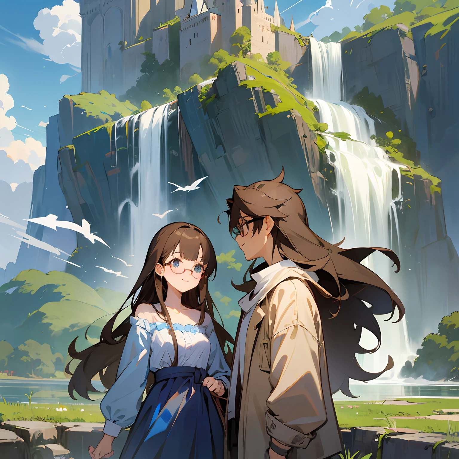 masterpiece, anime, cute, romantic, best quality, 2others, couple, mature, adult, height difference, different fashion, different color, casual clothes, long sleeves, smile, happy, love, swirling wind, blue sky, long haired man, light brown haired man, black haired woman, long haired woman, bespectacled woman, castle, waterfall --auto --s2