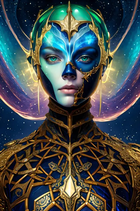_james jean, (1girl), wearing a heavy knight armor, dark armor, intricate black and gold armor details, intricate beautiful green fields,| beautiful night sky | photo manipulation| beautiful composition, colorful and vibrant, mystical colors, contemporary ...