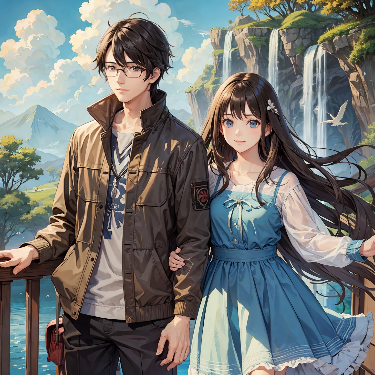 Anime couple standing next to each other near a waterfall - SeaArt AI