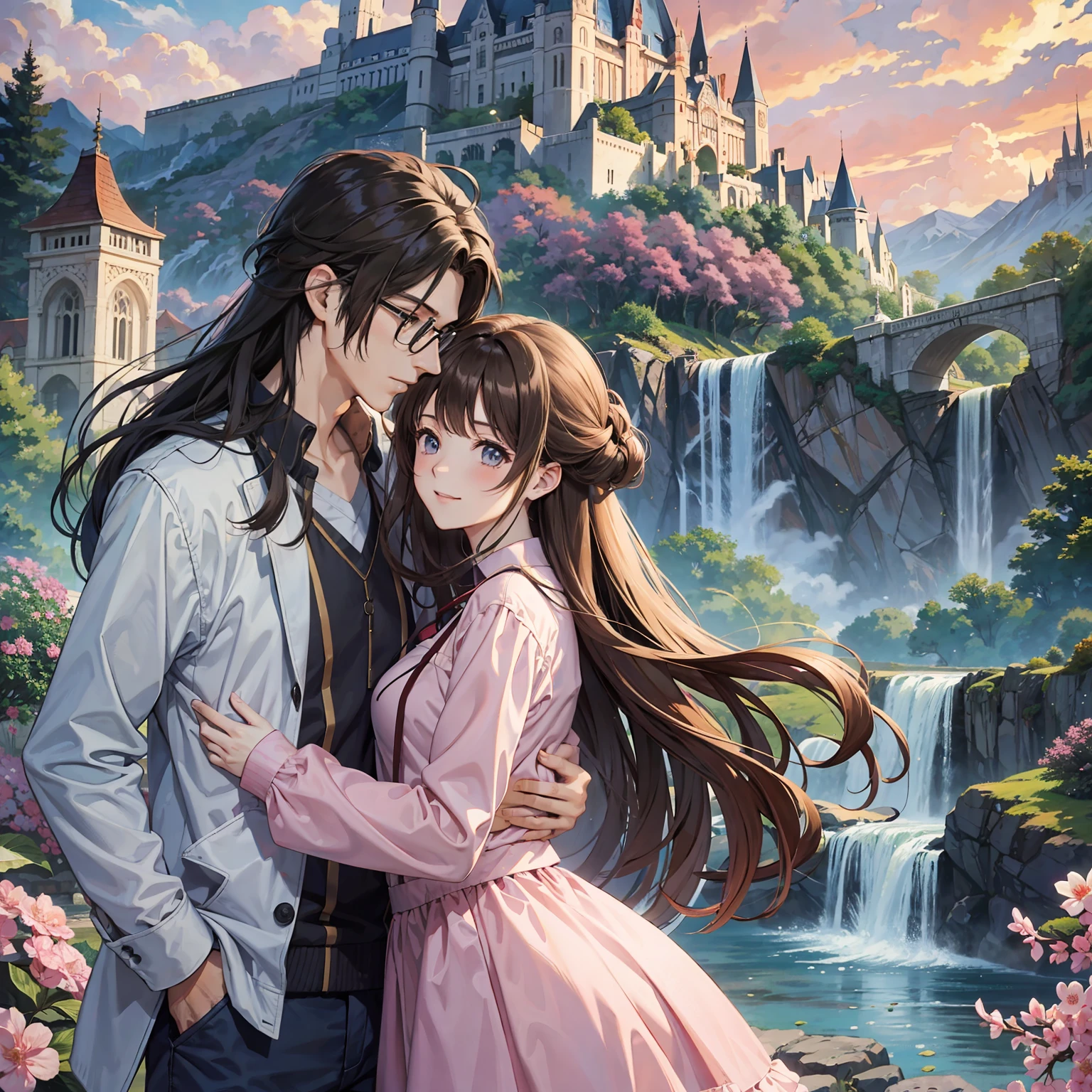 Anime couple in front of a castle with waterfall and flowers - SeaArt AI