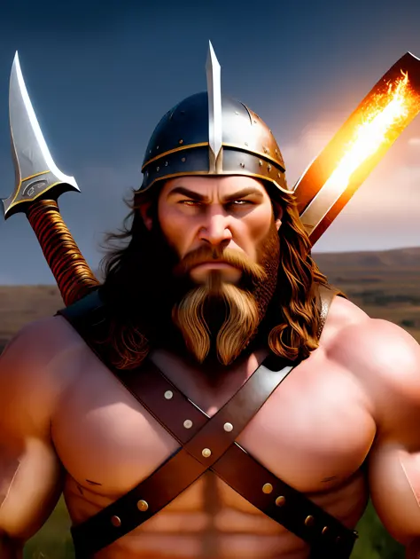 A very strong viking warrior, wearing a viking helmet,in a battlefield, holding an axe, pixar artstyle, fierce eyebrows, cinematic rim light, very thick neck, intense action, dynamic juxtaposition, young warrior, very high quality face, desert game, exploi...
