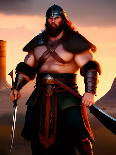A very strong viking warrior, wearing a viking helmet,in a battlefield, holding an axe, pixar artstyle, fierce eyebrows, cinematic rim light, very thick neck, intense action, dynamic juxtaposition, young warrior, very high quality face, desert game, exploi...
