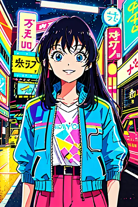 masterpiece, best quality, 1girl, city pop, night, neon lights, looking at another, upper body, vector illustration, jacket, lig...