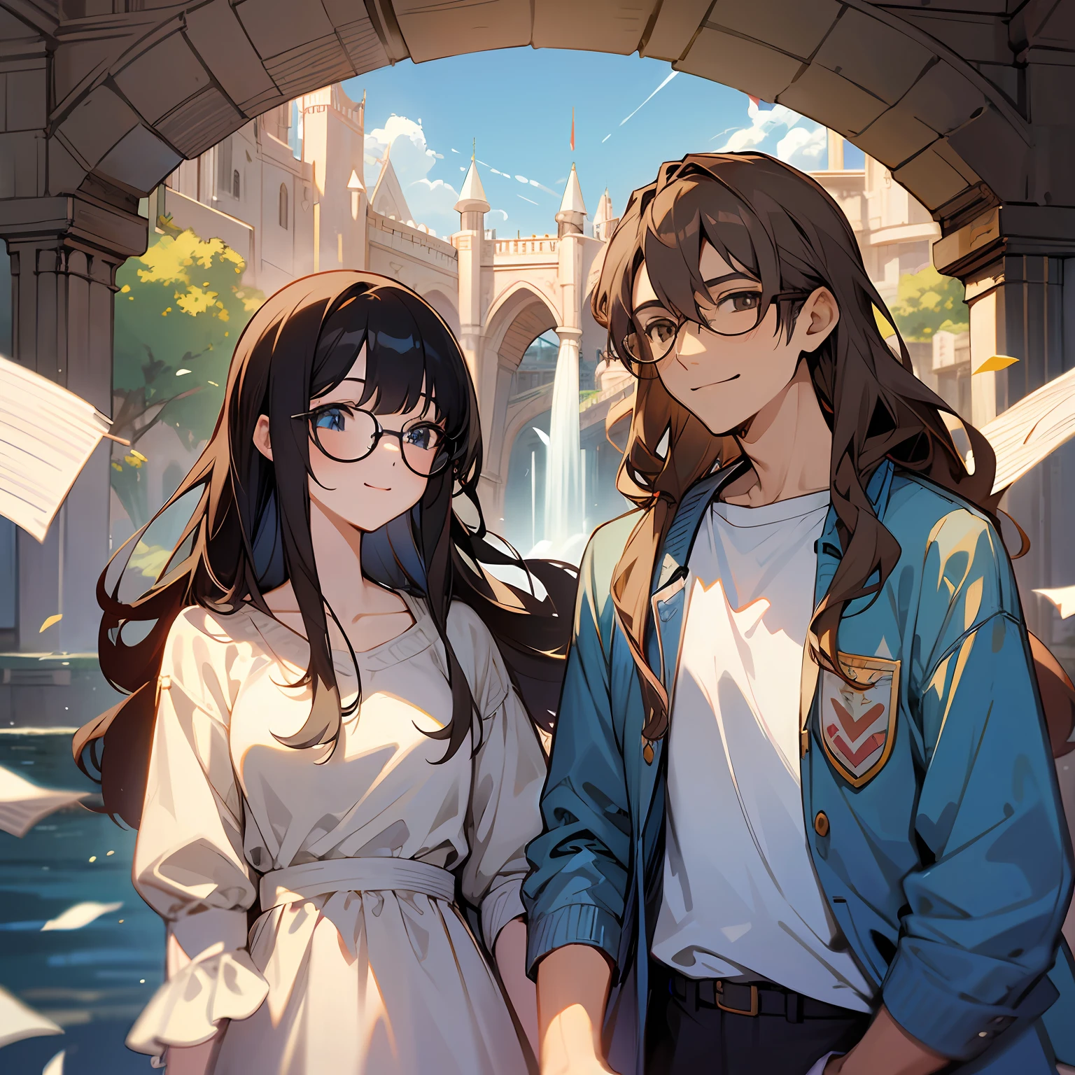 masterpiece, (anime), cute, romantic, best quality, 2others, couple, mature, adult, height difference, different fashion, different color, casual clothes, long sleeves, smile, happy, love, swirling wind, blue sky, long haired man, light brown haired man, black haired woman, long haired woman, bespectacled woman, castle, waterfall --auto --s2