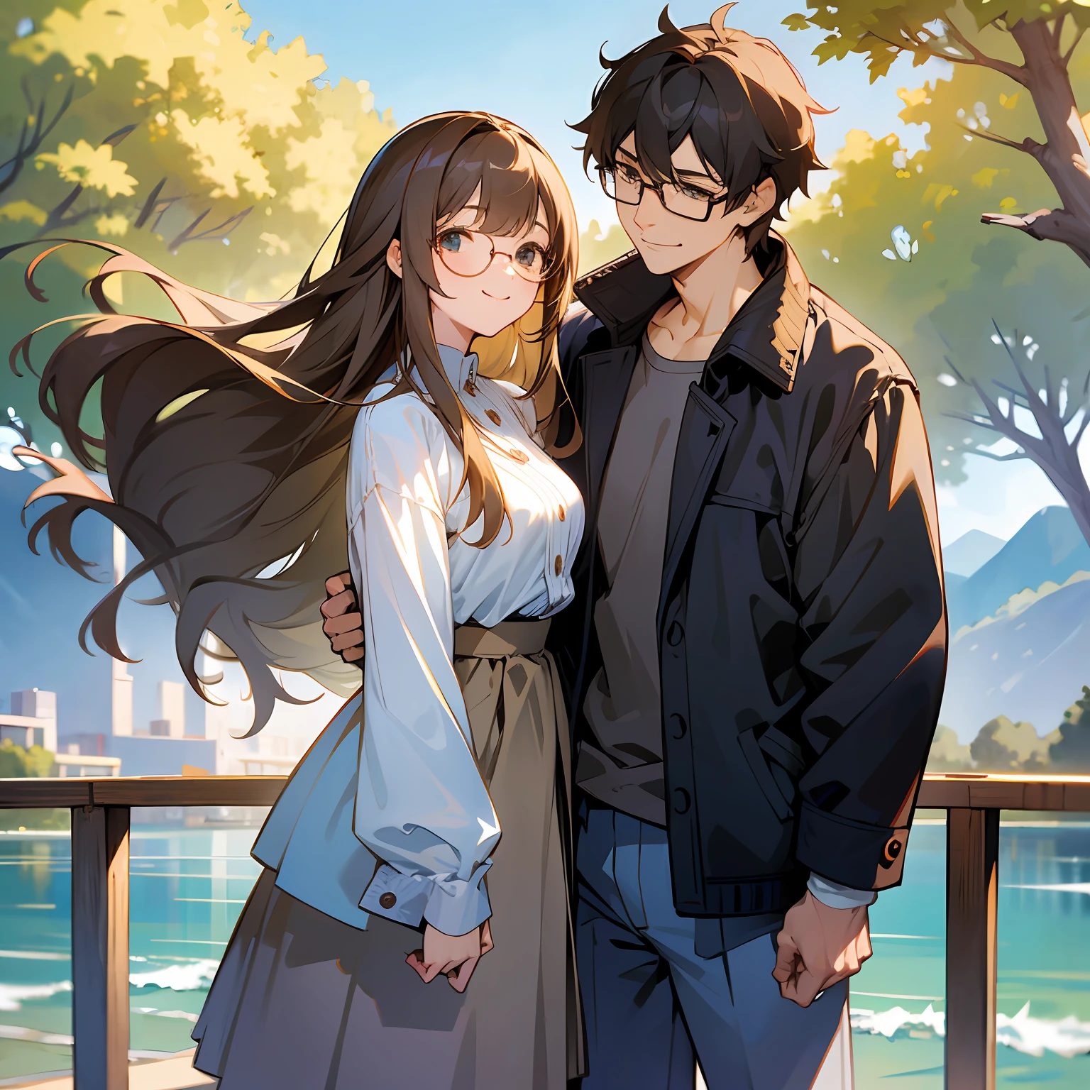 Anime couple standing next to each other near a lake - SeaArt AI