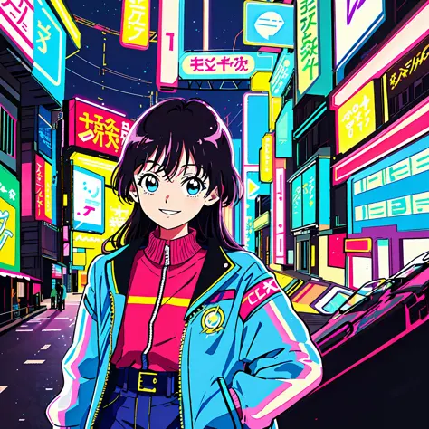 masterpiece, best quality, 1girl, city pop, night, neon lights, looking at another, upper body, vector illustration, jacket, lig...