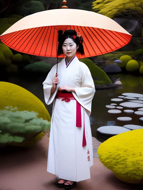 An extremely beautiful Japanese Gueisha, wearing a Gueisha clothing ,in a Japanese garden, holding an Japanese umbrella, pixar artstyle, emotional eyebrows, enigmatic smile, cinematic rim light, very feminine figure, dynamic juxtaposition, young woman, ver...