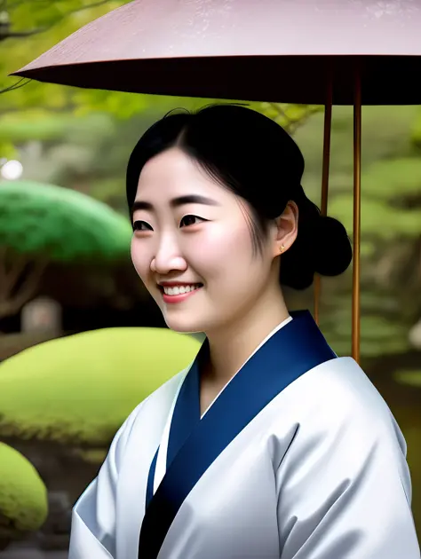 An extremely beautiful Japanese Gueisha, wearing a Gueisha clothing ,in a Japanese garden, holding an Japanese umbrella, pixar artstyle, emotional eyebrows, enigmatic smile, cinematic rim light, very feminine figure, dynamic juxtaposition, young woman, ver...