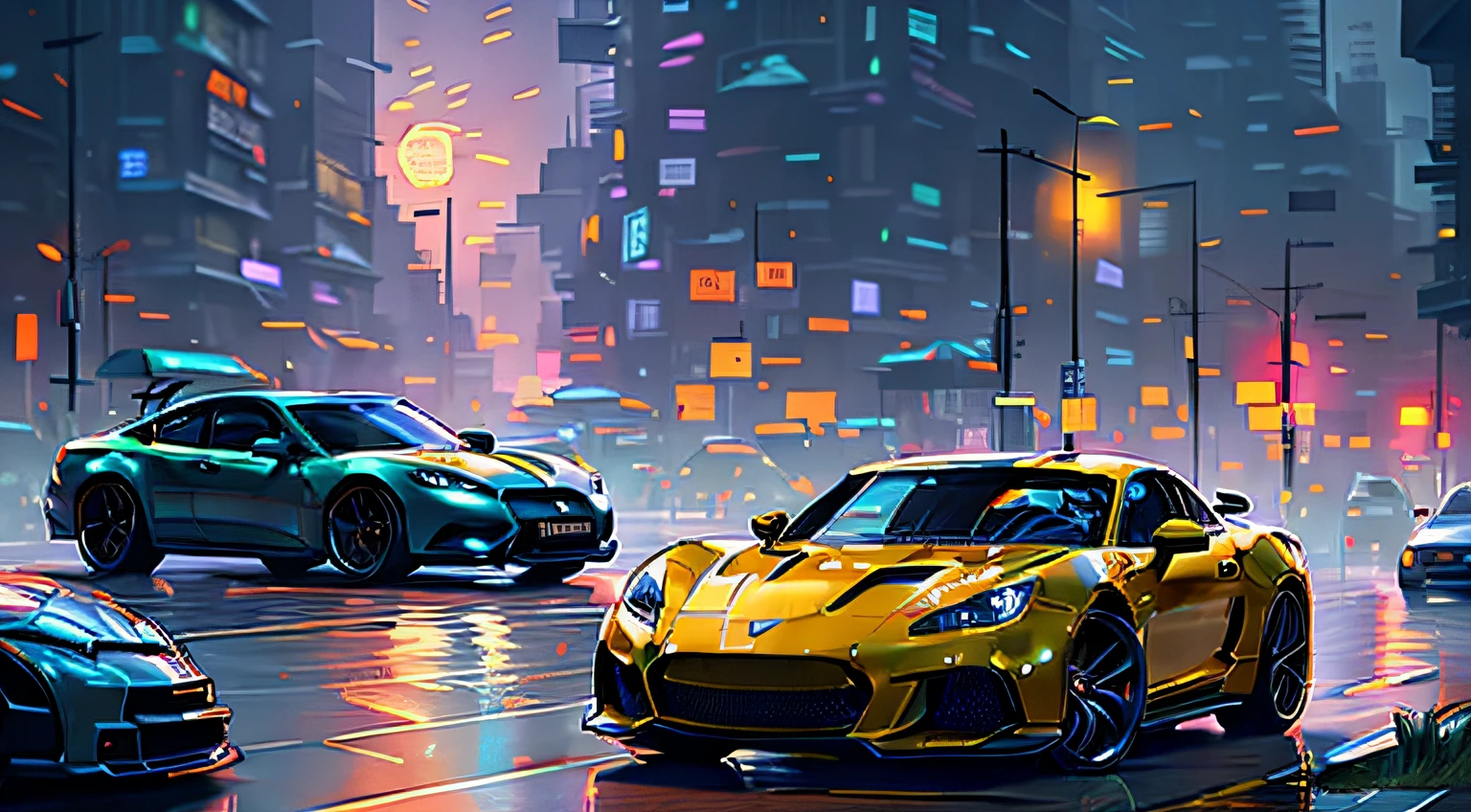 Carro dirigindo na rua da cidade à noite com lua cheia ao fundo, Arte do jogo 2D Capa GTA, Arte do jogo 2D Capa GTA, Estilo de arte, Rua noturna, rua da cidade em ruínas, octanagem cgsociety, ilustração detalhada da arte do jogo, futurista Estilo de arte, Arte deslumbrante em 8k, futurista. jogo cg, arte de fundo