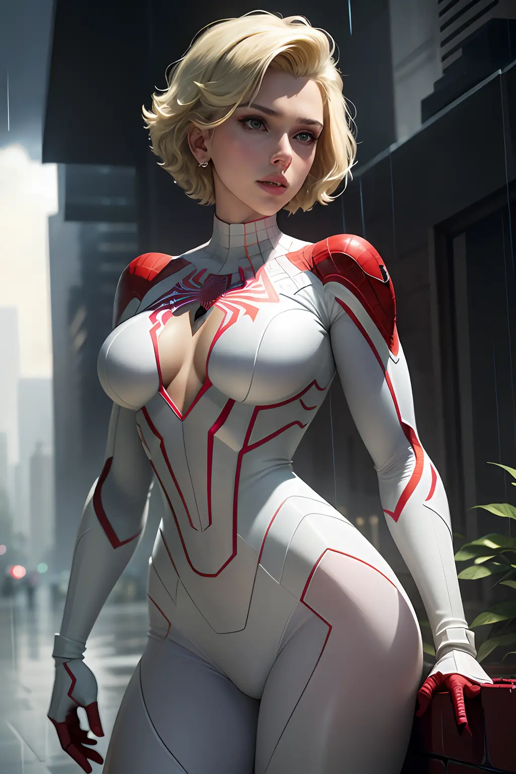 Actress Scarlett Johansson, white spider man suit, short and uncut hair, blonde, beautiful face, rain, roof, masterpiece, intricate details, perfect anatomy