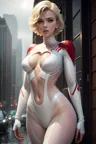 Actress Scarlett Johansson, white spider man suit, short and uncut hair, blonde, beautiful face, rain, roof, masterpiece, intricate details, perfect anatomy