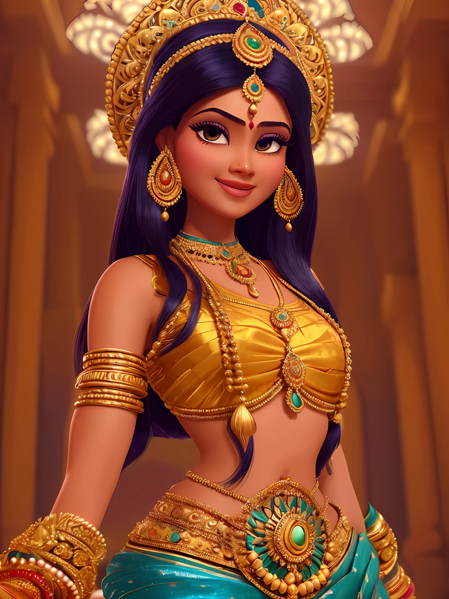 Невероятно красивая индийская молодая женщина, носить богатую индийскую одежду и богатые украшения, в золотом индийском храме, Пиксар, эмоциональные глаза, загадочная улыбка, кинематографический контурный свет, очень женственная фигура, динамическое сопоставление, молодая красивая женщина, очень качественное лицо, изображение, пригодное для использования, лицо шея плечи, красивая, очень женственная женщина, стилизованные динамические складки, спокойная женщина, Пиксар