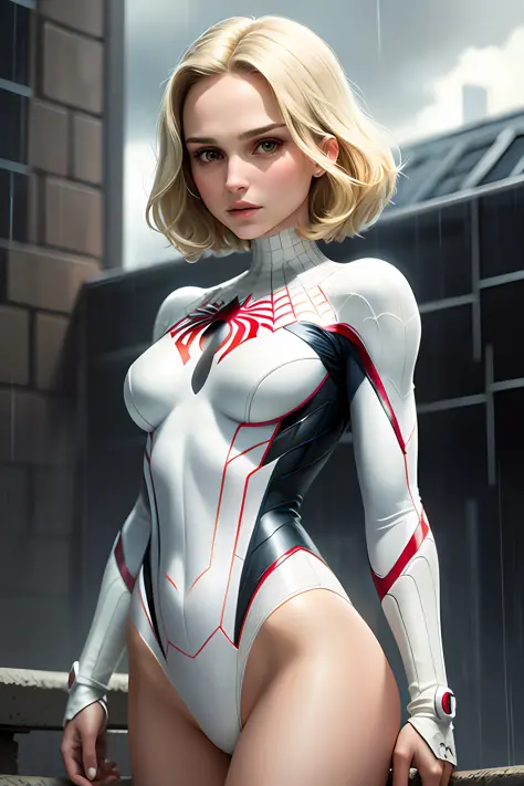Actress Natalie Portman, white spider man suit, short and uncut hair, blonde, beautiful face, rain, roof, masterpiece, intricate details, perfect anatomy