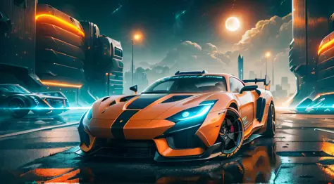 (High-precision realistic 8k ruined city, futuristic sci-fi scenes, super sports car, black body, orange kit, moon in the sun, smoke, sparks, panoramic perspective shooting full of movie feeling, realistic texture) --auto --s2
