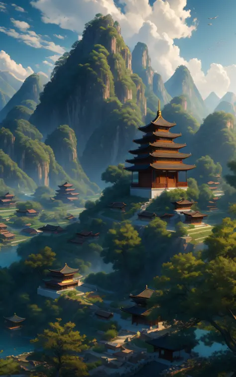 Masterpiece, best quality, high quality, extremely detailed CG unified 8k wallpaper, outdoor, sky, clouds, no humans, mountains, 7 Chinese style yards sitting on hillside, cinemagraph, landscape, water, trees,