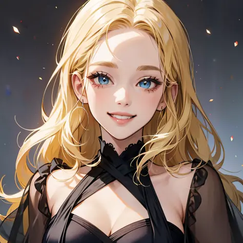 A closeup of a blonde woman in a black dress smiling, cartoon style --auto --s2