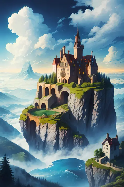 Fantastic art, absurdity, high resolution, masterpiece, best quality, town, castle, forest, sea, sky, clouds