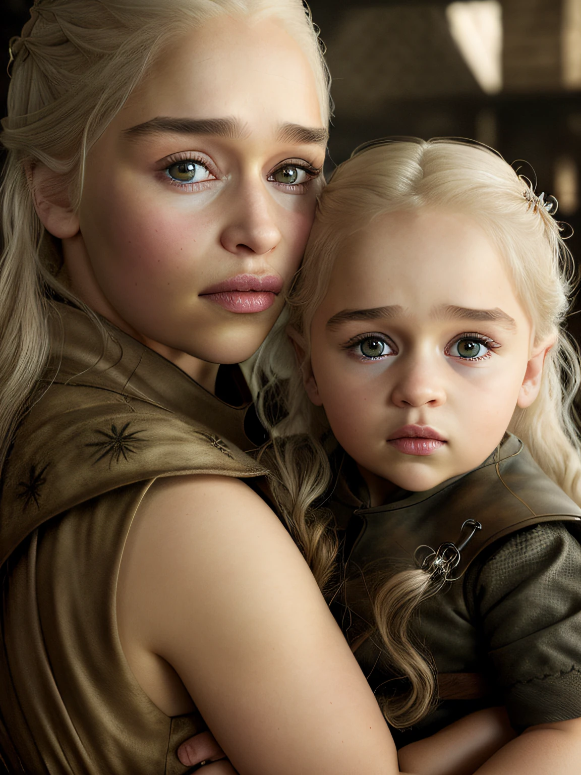 4k, hight quality, (Jon Snow) and [daenerys targaryen|Emilia Clarke] holding a 5 year old girl, Game of Thrones, lightroom, soft light, (natural skin texture:1.2), (hyperrealism:1.1)