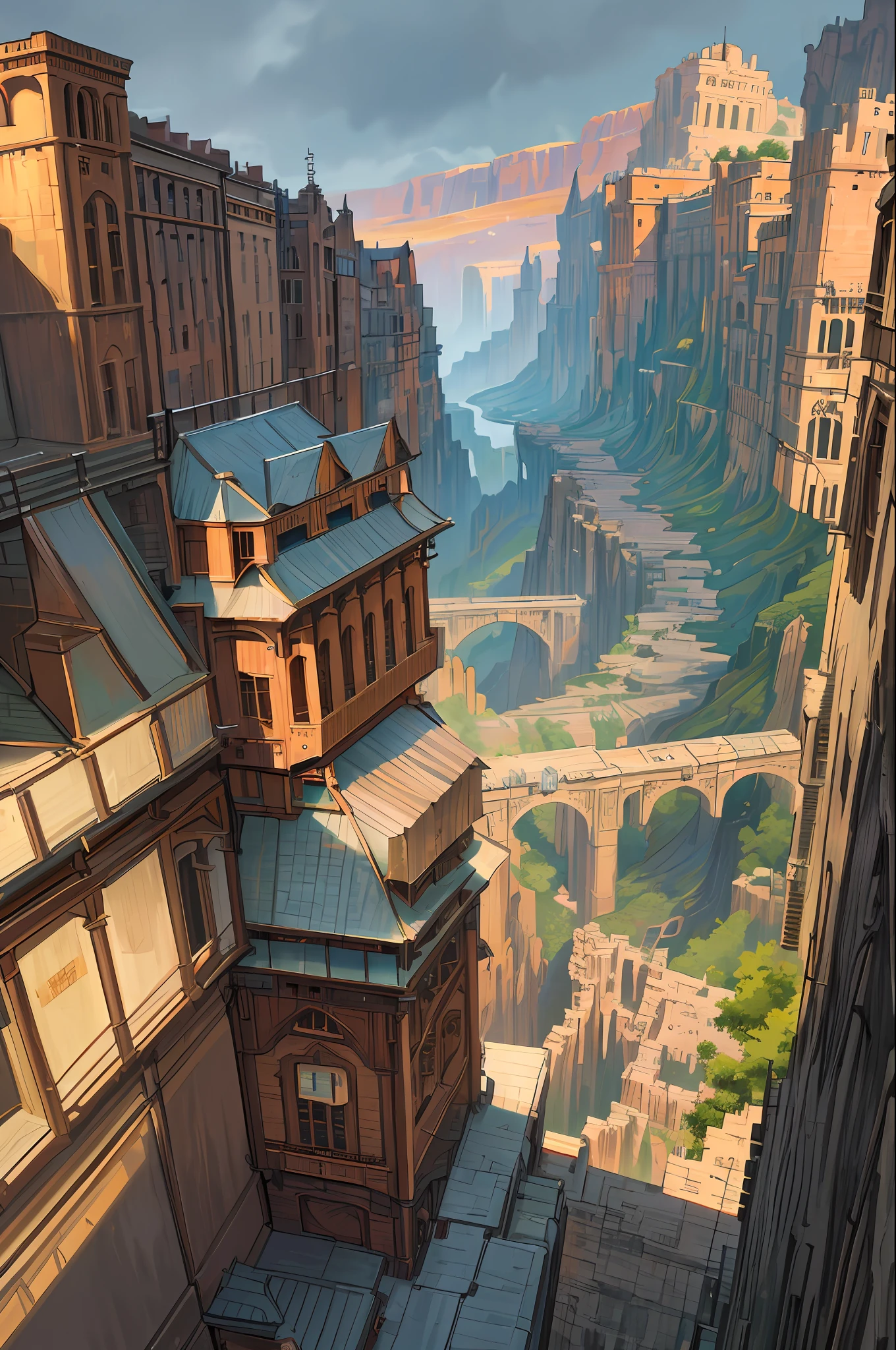 ((masterpiece)),((best quality)),((high detial)),((realistic,)) Industrial age city, deep canyons in the middle, architectural streets, bazaars, Bridges, rainy days, steampunk, European architecture