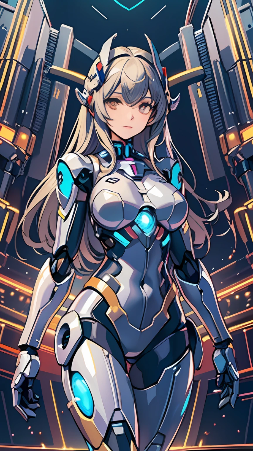 masterpiece, best quality,
1girl, solo, long hair, photorealistic, 
(finely detailed beautiful eyes: 1.2),open clothes, glowing eyes, shiny hair, lustrous skin,((1 life-like robot)), metal construction, wires and cables, (glowing eyes), (mechanical arms), science fiction,(large mecha arm),cowboy shot, energy tank,