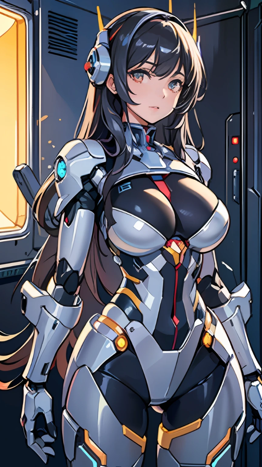 masterpiece, best quality,
1girl, solo, long hair, photorealistic, 
(finely detailed beautiful eyes: 1.2),open clothes, glowing eyes, shiny hair, lustrous skin,((1 life-like robot)), metal construction, wires and cables, (glowing eyes), (mechanical arms), science fiction,(large mecha arm),cowboy shot, energy tank,