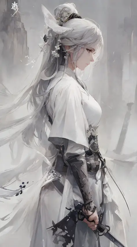 a close up of a woman with a sword in a white dress, a character ...