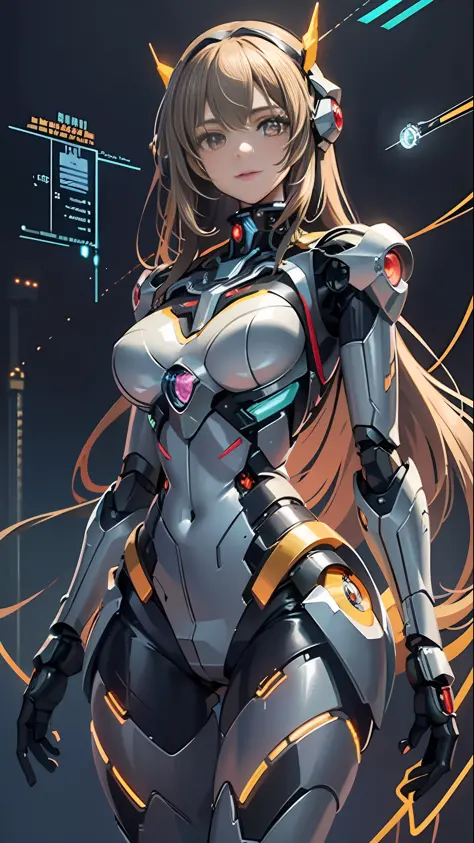 masterpiece, best quality,
1girl, solo, long hair, photorealistic, 
(finely detailed beautiful eyes: 1.2),open clothes, glowing eyes, shiny hair, lustrous skin,((1 life-like robot)), metal construction, wires and cables, (glowing eyes), (mechanical arms), ...