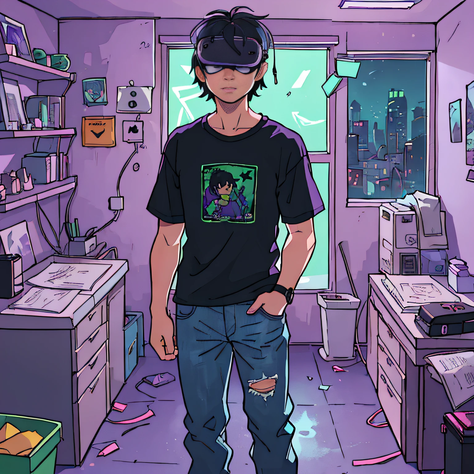 ((cyberpunk)), (night, dark room), (((VR goal held with both hands))))), (green light in the room)), ((purple light from outside)), (masterpiece), (best quality), (super detailed), (disheveled hair), (illustration), (1 young man), (white t-shirt and jeans), standing in front of a desk, delicate figure, (standing), (simple background), detailed eyes, tired face, sober face, (high saturation), (dark night), men's room, poor room, focus on face, black hair, bangs, room messy with cartoons, boys, anime, watching viewer, very detailed, short black hair, full body, rustic boy, best quality, super detailed, sad, tired, messy room