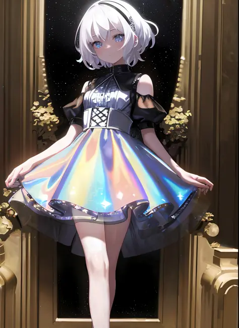 (((masterpiece))), (((best quality))), ((ultradetailed)),1girl,solo,short white hair,white transparent holographic clothing,blac...