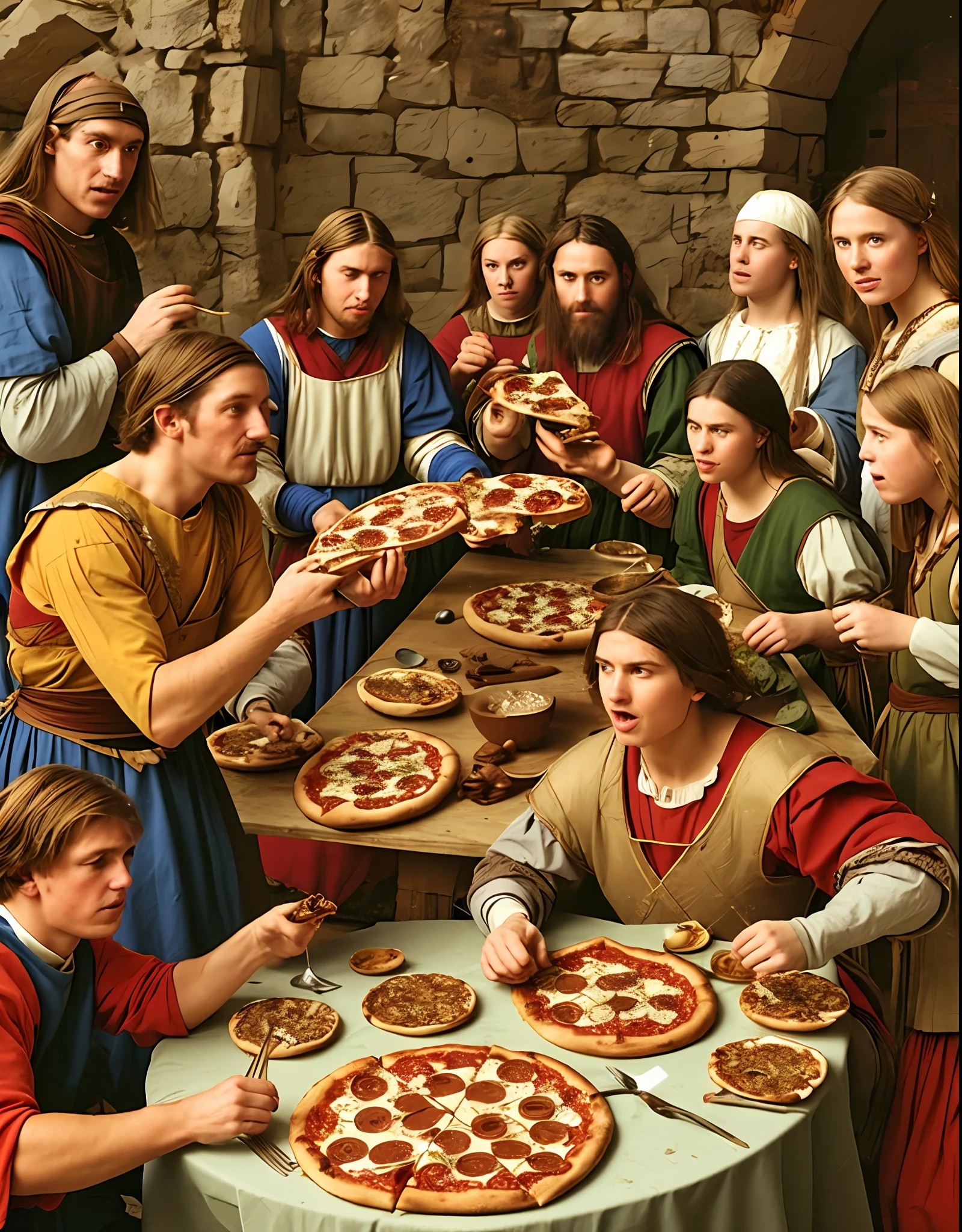 a medieval persons eating pizza, a group with other stone age people, best angle , photo realistic, hyper detailed, best quality