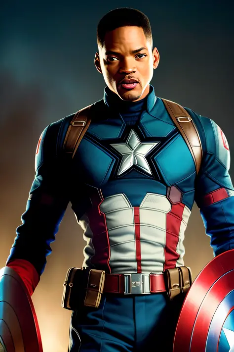 Tarantino style, Will Smith as Captain America 8k, high definition, detailed face, detailed face, detailed eyes, detailed suit, in style of marvel and dc, hyper-realistic, + cinematic shot + dynamic composition, incredibly detailed, sharpen, details + supe...