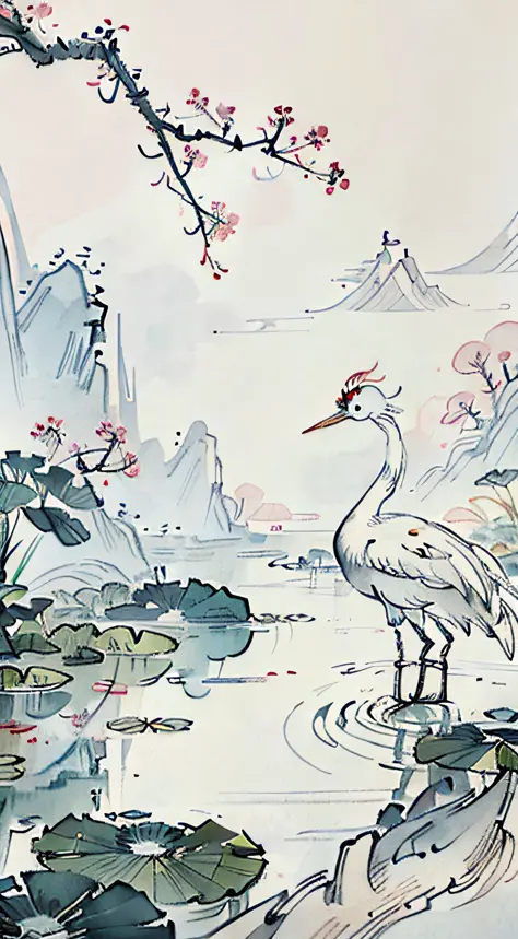 White crane painting in lotus pond, Chinese brush illustration, Chinese painting style, Chinese traditional painting, Chinese tr...