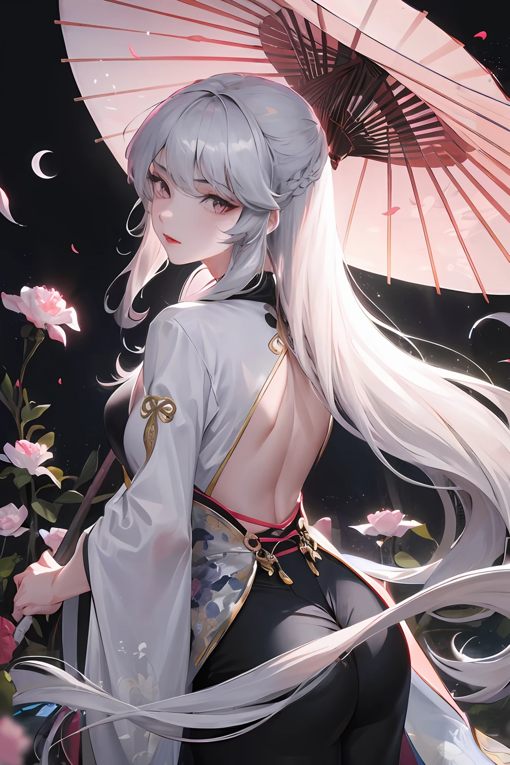 8K, masterpiece, best quality, night, full moon, 1 girl, Chinese style, Chinese architecture, mature woman, sister, silver white long haired woman, long hair, light pink lips, calm, rational, bangs, gray pupils, assassin, umbrella, umbrella, turn around, back, turn back, petals flying, delicate face,