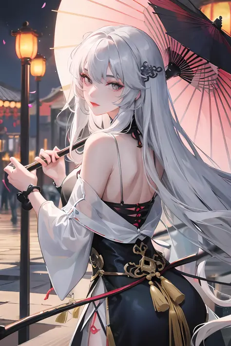 8K, masterpiece, best quality, night, full moon, 1 girl, Chinese style, Chinese architecture, mature woman, sister, silver white long haired woman, long hair, light pink lips, calm, rational, bangs, gray pupils, assassin, umbrella, umbrella, turn around, b...