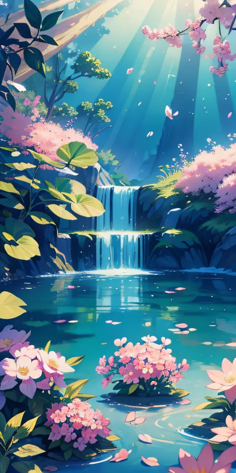 Masterpiece, best quality, (very detailed CG unity 8k wallpaper) (best quality), (best illustration), (best shadows) Nature&#39, blue sea,delicate leaves petals of various colors falling in the air light Tracking, super detailed ,no human --v6