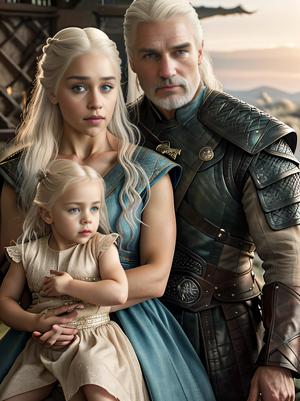 raw fullbody ((family photo of a father and mother with their daughter beautiful)), 1girl, [daenerys targaryen|Emilia Clarke], (1man, Henry Cavill as Geralt de Rivia The Witcher), playing with their ((5 year old daughter)))), medieval clothing,((half body shot)), realistic proportions, realistic pupils, ((3 member family portrait)) limited palette, highres, cinematic lighting, 8k resolution, front lit, sunrise, RAW photo, Nikon 85mm, Award Winning, Glamour Photograph, extremely detailed, beautiful Ukrainian, mind-bending, Noth-Yidik, raw fullbody photo of Daenerys Targaryen and Geralt de Rivia The Witcher with 5 year old daughter, highly detailed, artstation, smooth, sharp focus, 8K,, trending on instagram, trending on tumblr, hdr 4k, 8k