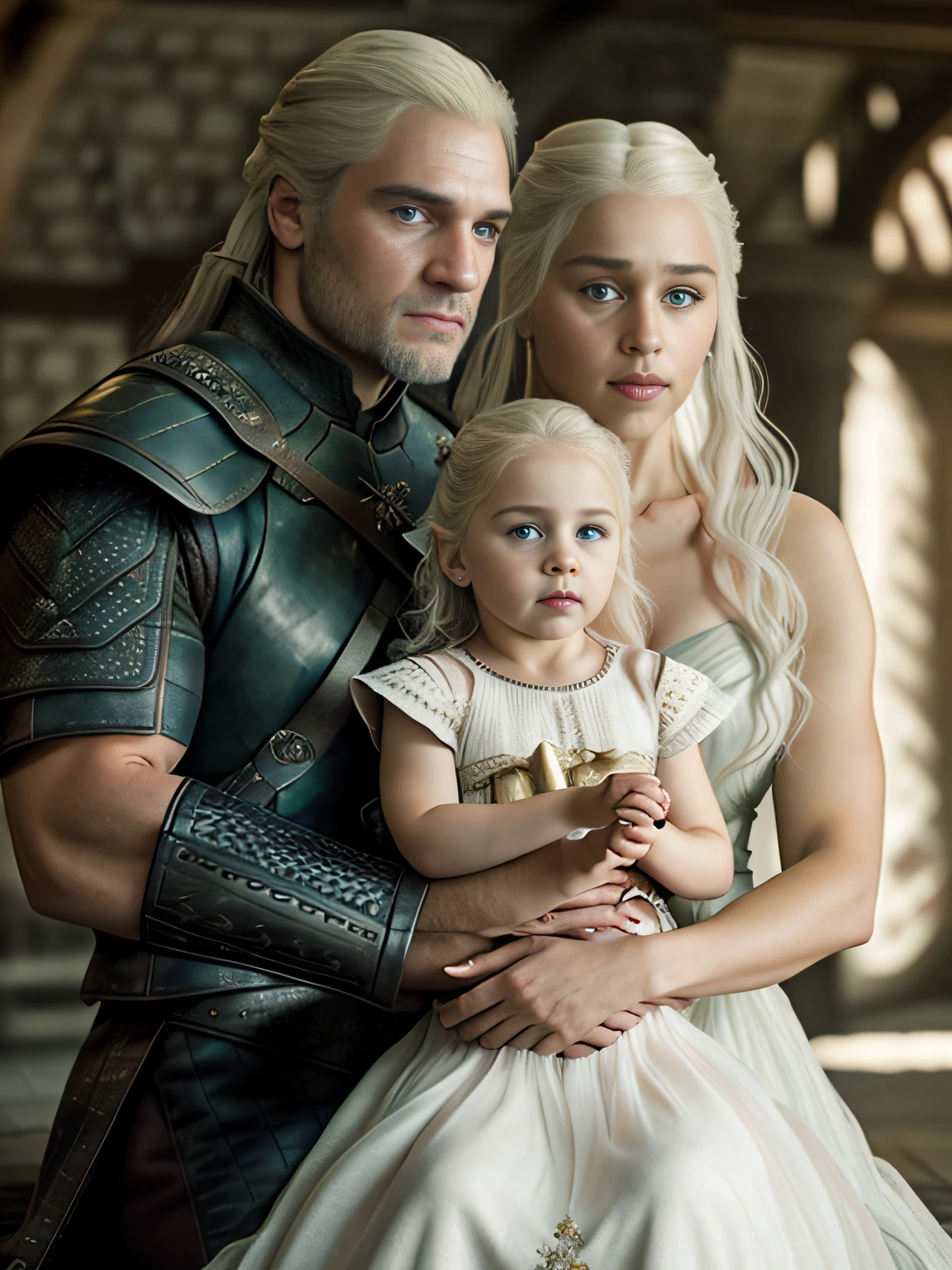 corpo inteiro cru ((foto de família de pai e mãe segurando sua filha)), 1 garota, [Daenerys Targaryen|Emília Clarke], (1 homem, Henry Cavill como Geralt de Rivia, o Mago), brincando com seus ((filha de 5 anos)))), roupas medievais,((Tiro de meio corpo)), proporções realistas, alunos realistas, ((retrato de família de 3 membros)) paleta limitada, alta resolução, iluminação cinematográfica, 8K resolution, frontal iluminado, nascer do sol, Foto CRU, nikon 85mm, premiado, Fotografia glamourosa, extremamente detalhado, linda ucraniana, alucinante, Não-Yidik, corpo inteiro cru photo of Daenerys Targaryen and Geralt de Rivia The Witcher with filha de 5 anos, altamente detalhado, estação de arte, suave, foco nitído, 8K,, tendências no instagram, tendências no tumblr, hd 4k, 8K
